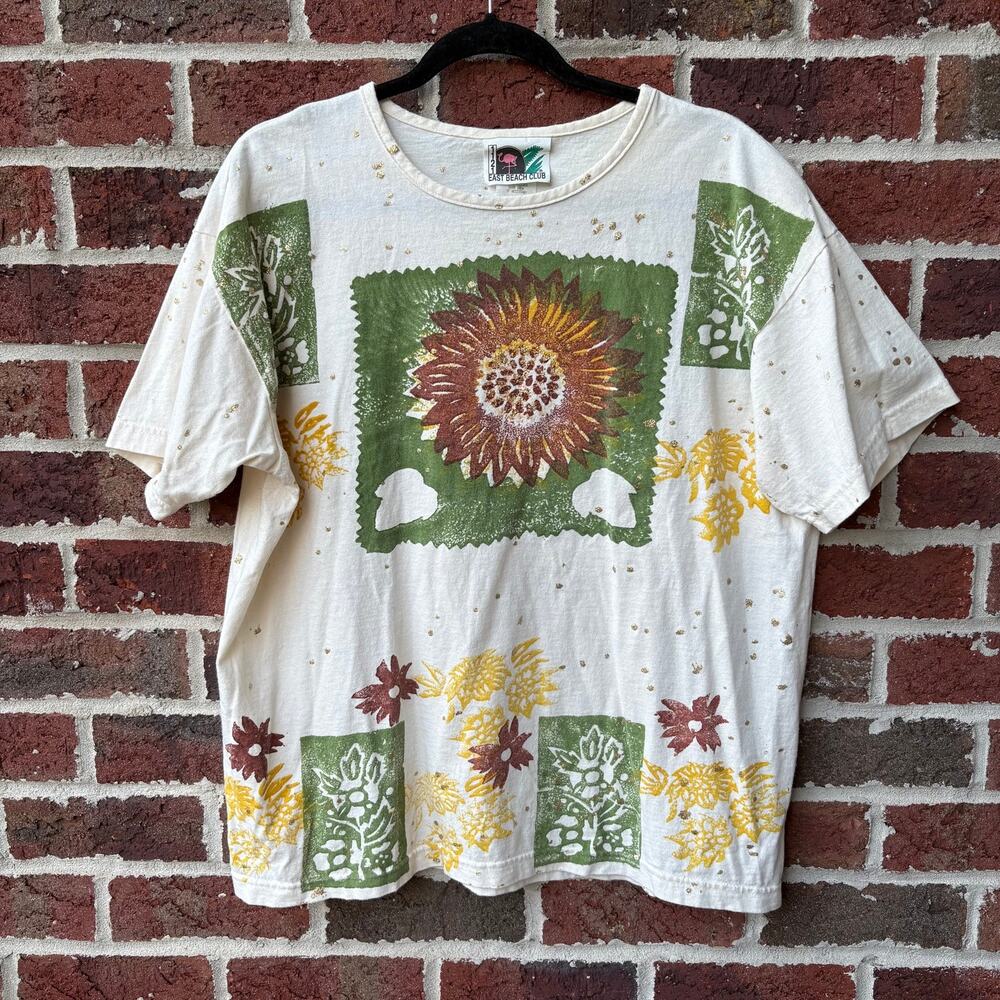 Vintage 90s East Beach Club Sunflower Floral Graphic T Shirt One Size